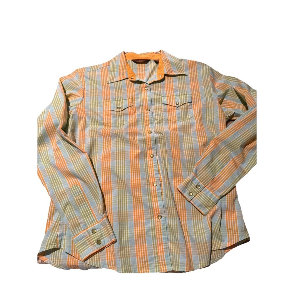 AURA by Wrangler Womens Medium Green Blue Plaid Pearl Snap Western Shirt